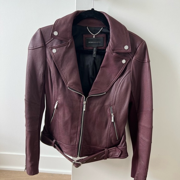BCBGMaxazria Burgundy Moto Leather Jacket (Size Small) - Picture 6 of 7